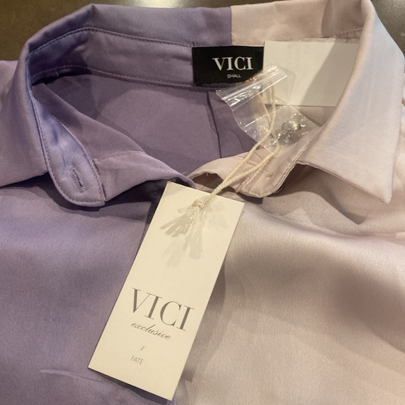 Vici Color Block (Lavender/Lilac) Satin Shirt. Beautiful Button Detail. - Picture 5 of 5